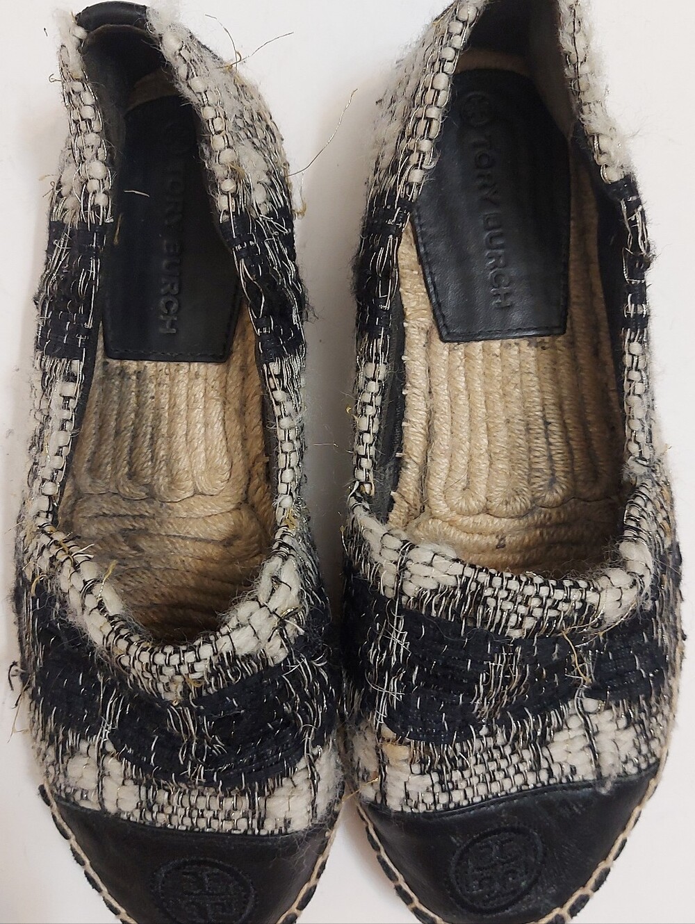Tory Burch Black and Cream Espadrille Moccasins